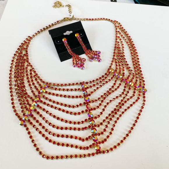 bw Jewelry - Elegant Red Beaded Necklace and Earring Set